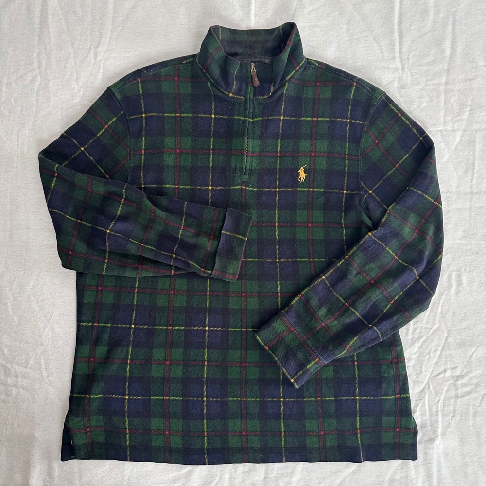 Polo Ralph Lauren Mens Green Tartan Plaid Quarter Zip Sweater Size M Cotton